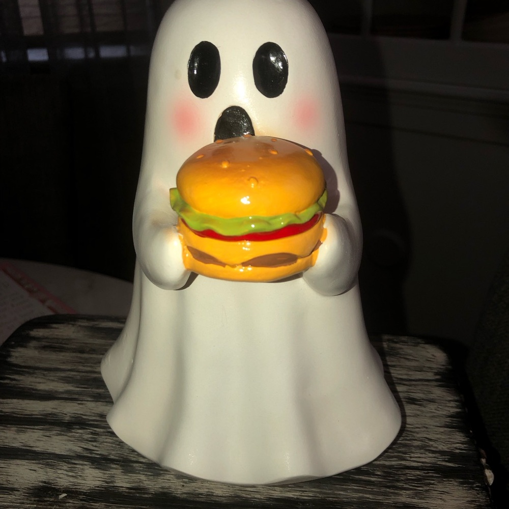 👻 🍔 White Ghost Figurine Holding a Hamburger